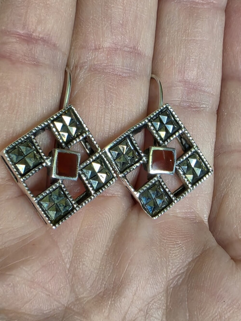 Art Deco Carnelian and Marcasite 925 Silver Earrings